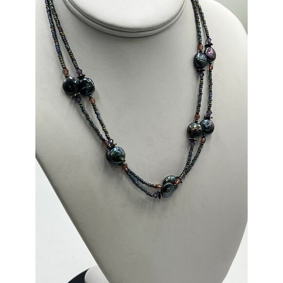 Artisan Sterling Double Strand beaded Iridescent Peacock Coin Pearl Necklace - Picture 5 of 8
